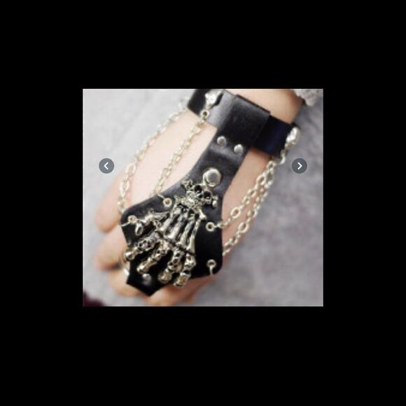 Unisex skeleton skull hand glove chain link leather with finger hold . - Picture 2 of 6